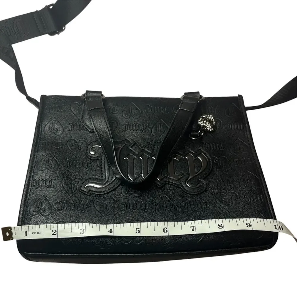 Juicy Couture Black Embossed Logo Satchel Crossbody Bag Heart Charm Purse